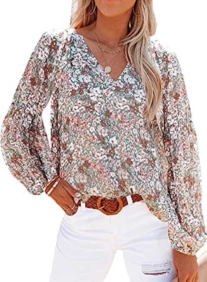 SHEWIN Womens Casual Boho Floral Print V Neck Long Sleeve Loose Blouses Shirts Tops