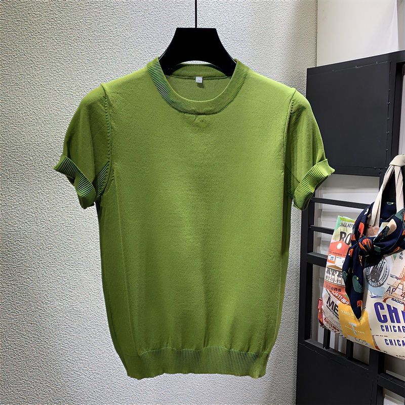 2023 summer round neck solid color ice silk short-sleeved T-shirt male Korean version slim fashion half-sleeved knitted